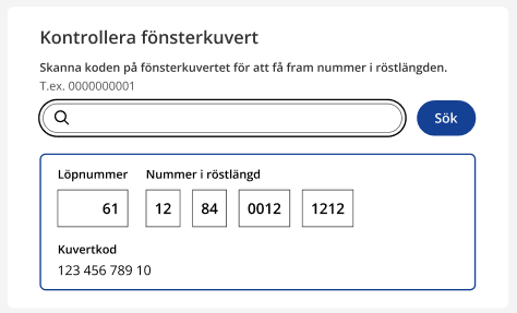 Skärmdump från digitala väljarförteckningen som visar menyn Kontrollera fönsterkuvert där man skannat en fönsterkuvert och fått upp numret i röstlängden kopplat till det fönsterkuvertet.
