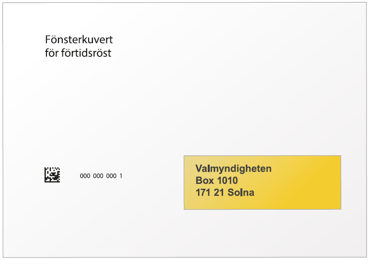 Fönsterkuvert med ett gult adresskort, vilket indikerar att det är en brevröst som kommer från Valmyndigheten.