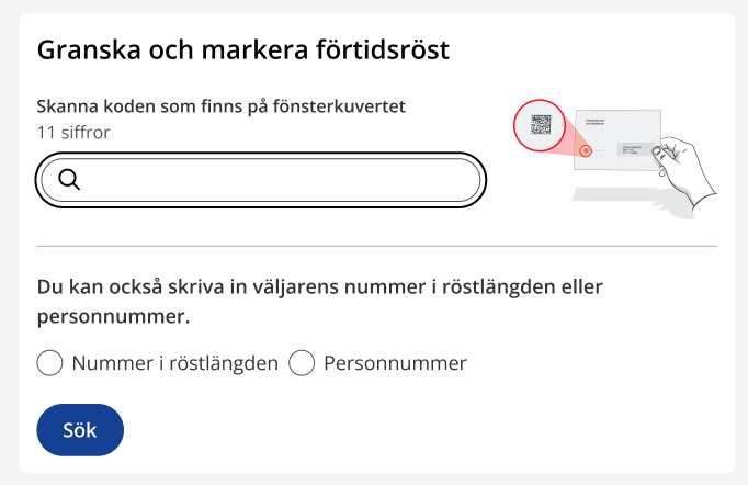 Skärmbild på hur det ser ut när man söker fram en förtidsröst i den digitala röstlängden
