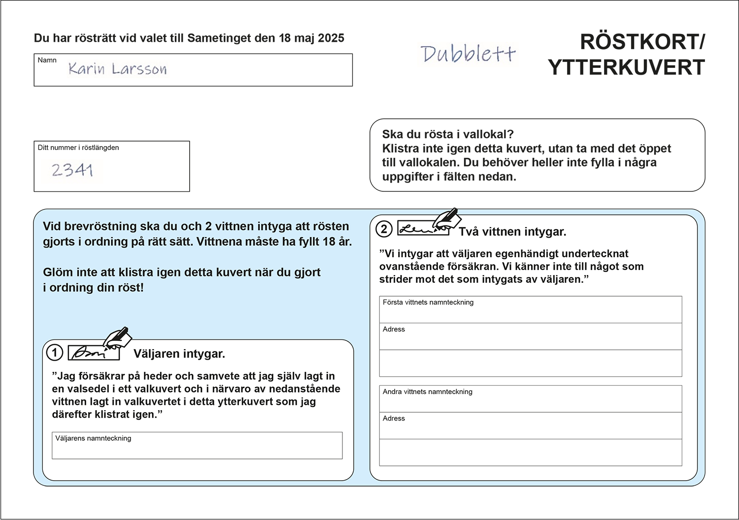 Exempelbild med fiktiva uppgifter där ordet dubblett har skrivits för hand framför de tryckta orden Röstkort/Ytterkuvert.