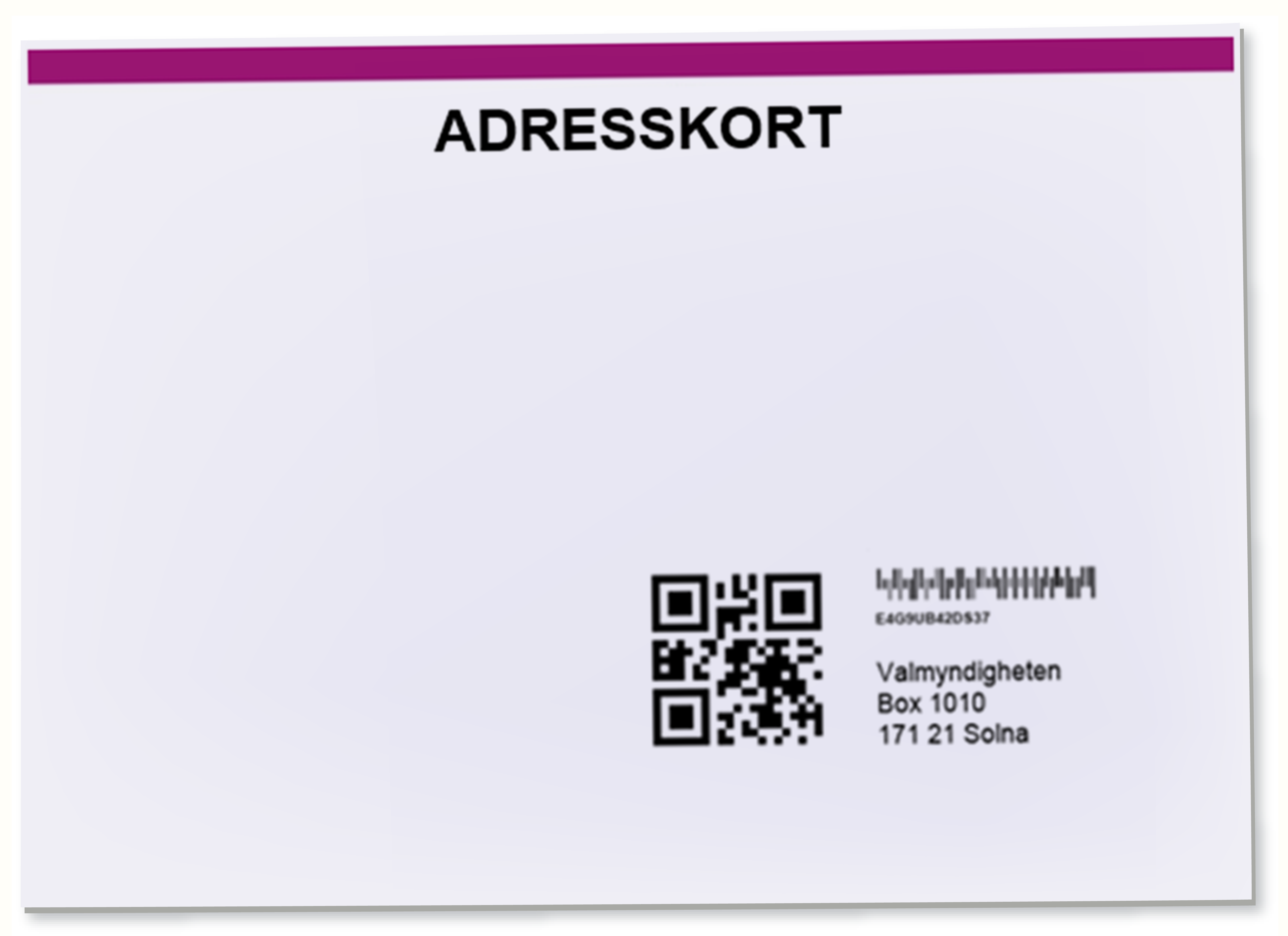 Prototypbild hur ett adresskort med kod skulle kunna se ut. Ett papper med en qr-kod på, samt en streckod som posten kan läsa av.