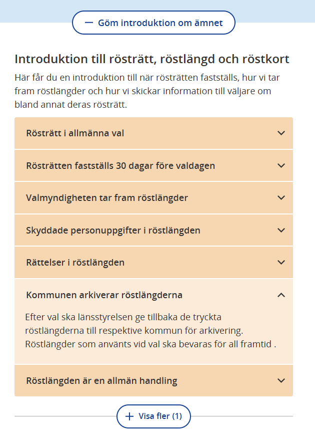 Skärmavbild på ämnesintroduktion för ämnet Rösträtt, röstlängd och röstkort under målgruppsingången Kommun. Introduktionen ligger i ett utfällbart block som är öppet på bilden.