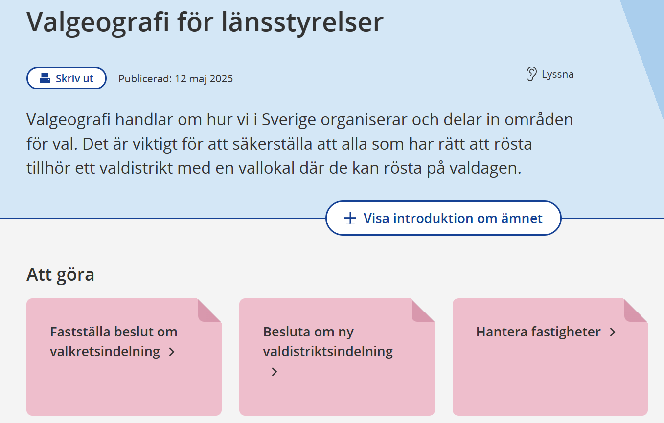 Skärmavbild på ämnesintroduktion för ämnet Valgeografi för länsstyrelser under målgruppsingången Länsstyrelse med ”rosa lappar” som har fokus på olika arbetsuppgifter inom varje ämne.