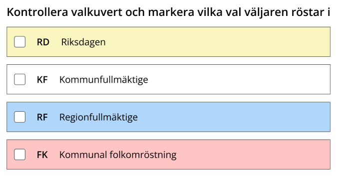 Visar rösträtten och kryssrutor som röstmottagaren ska kryssa i för varje val