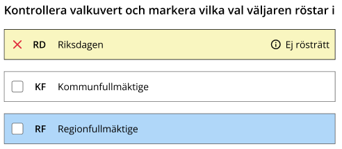 Hur det ser ut i systemet när en väljare inte har rösträtt i riksdagsvalet men i kommun- och regionval.