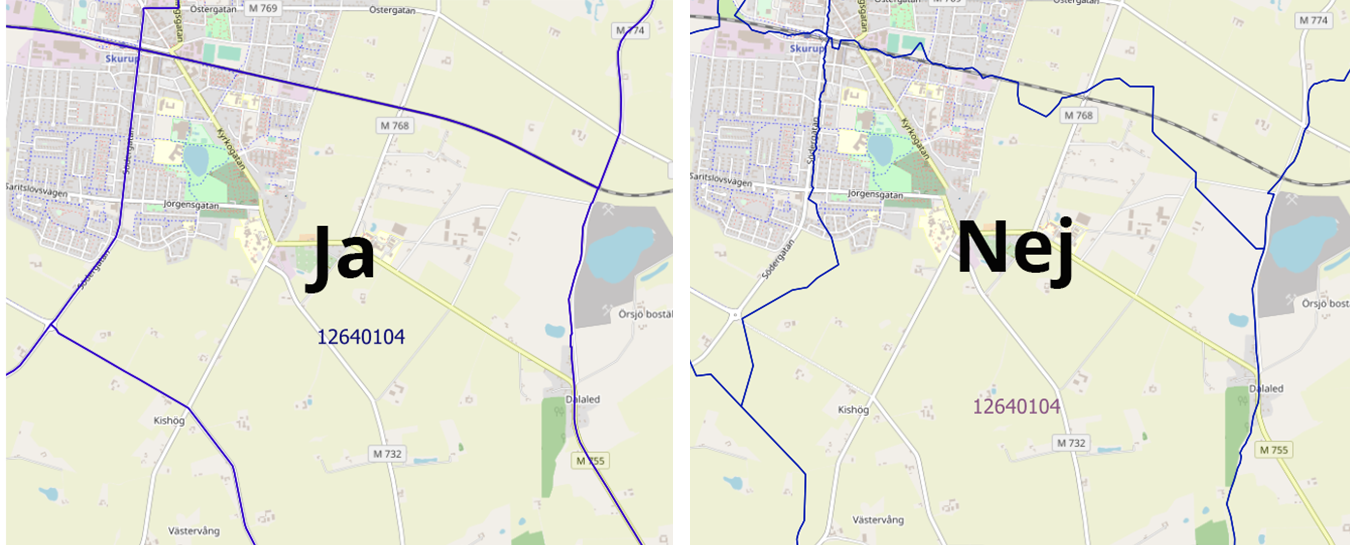 Två kartbilder av valdistrikt. Den ena visar ett valdistrikt vars gränser på rätt sätt följer andra gränser i kartan, som vägar. Den andra visar fel sätt att utforma valdistrikt på, där gränsen går i sicksack över andra gränser på kartan.