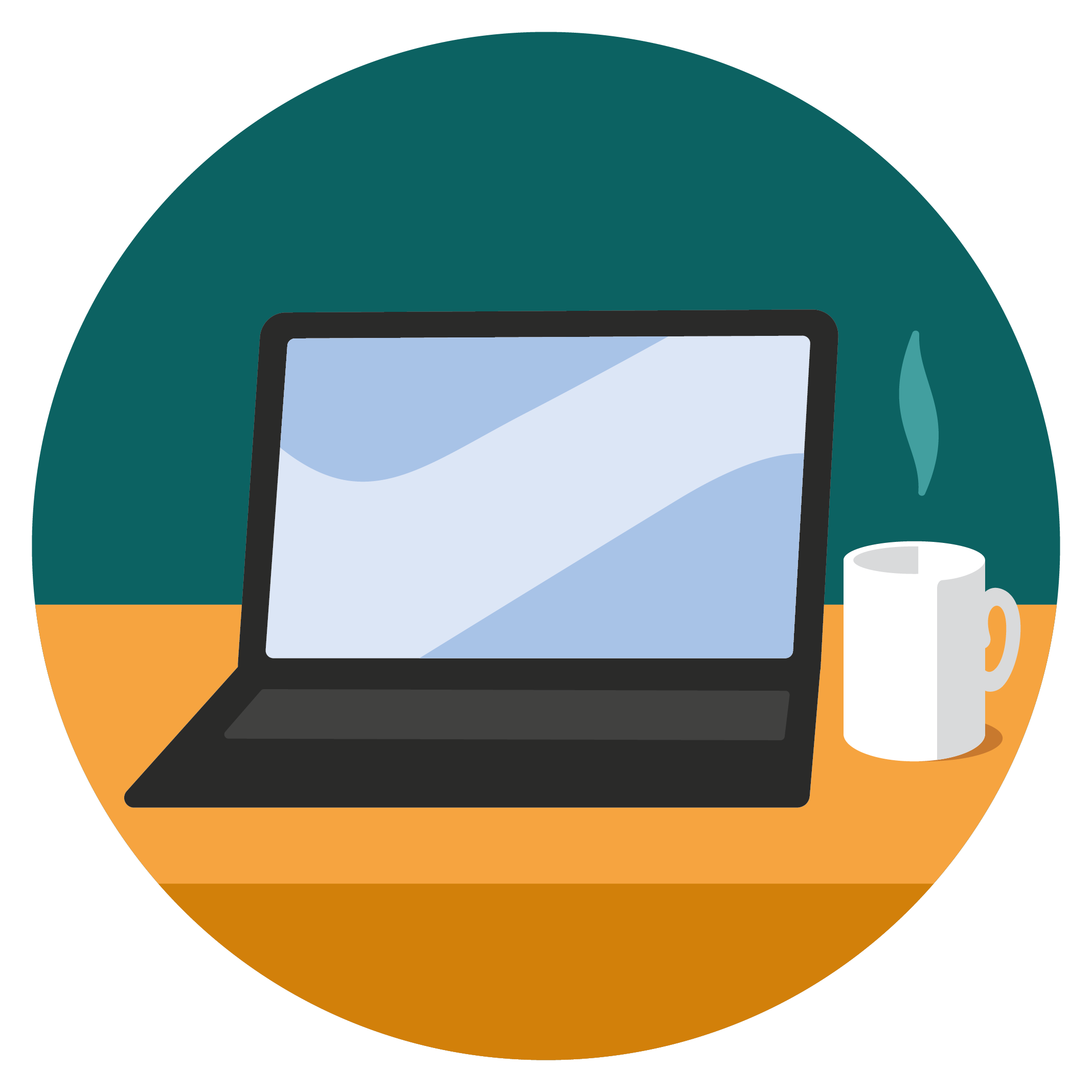 Laptop med en kaffekopp bredvid.