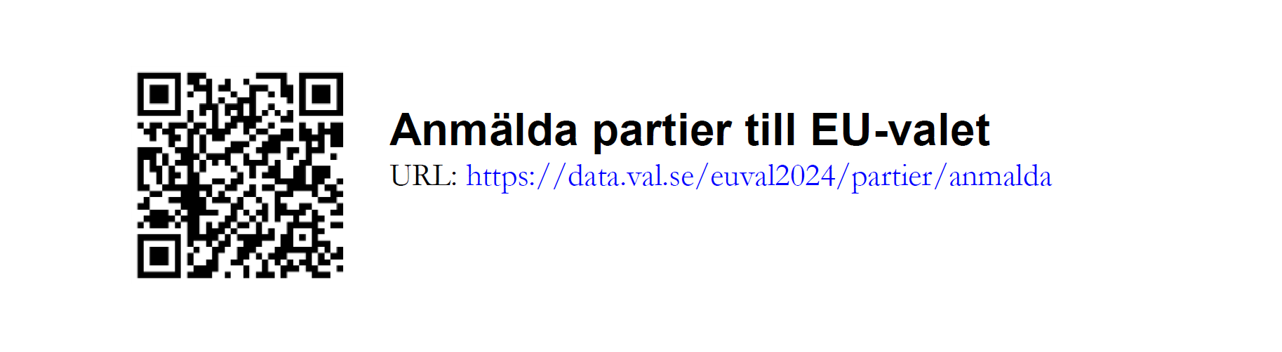 Exempel på QR-kod som leder till "Anmälda partier till EU-valet" placerad tillsammans med informationstext och url