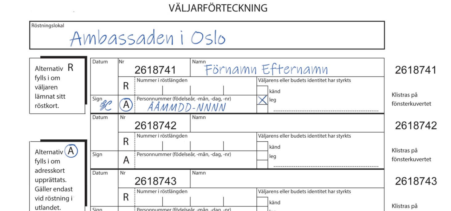 Väljarförteckning där adresskort upprättats.