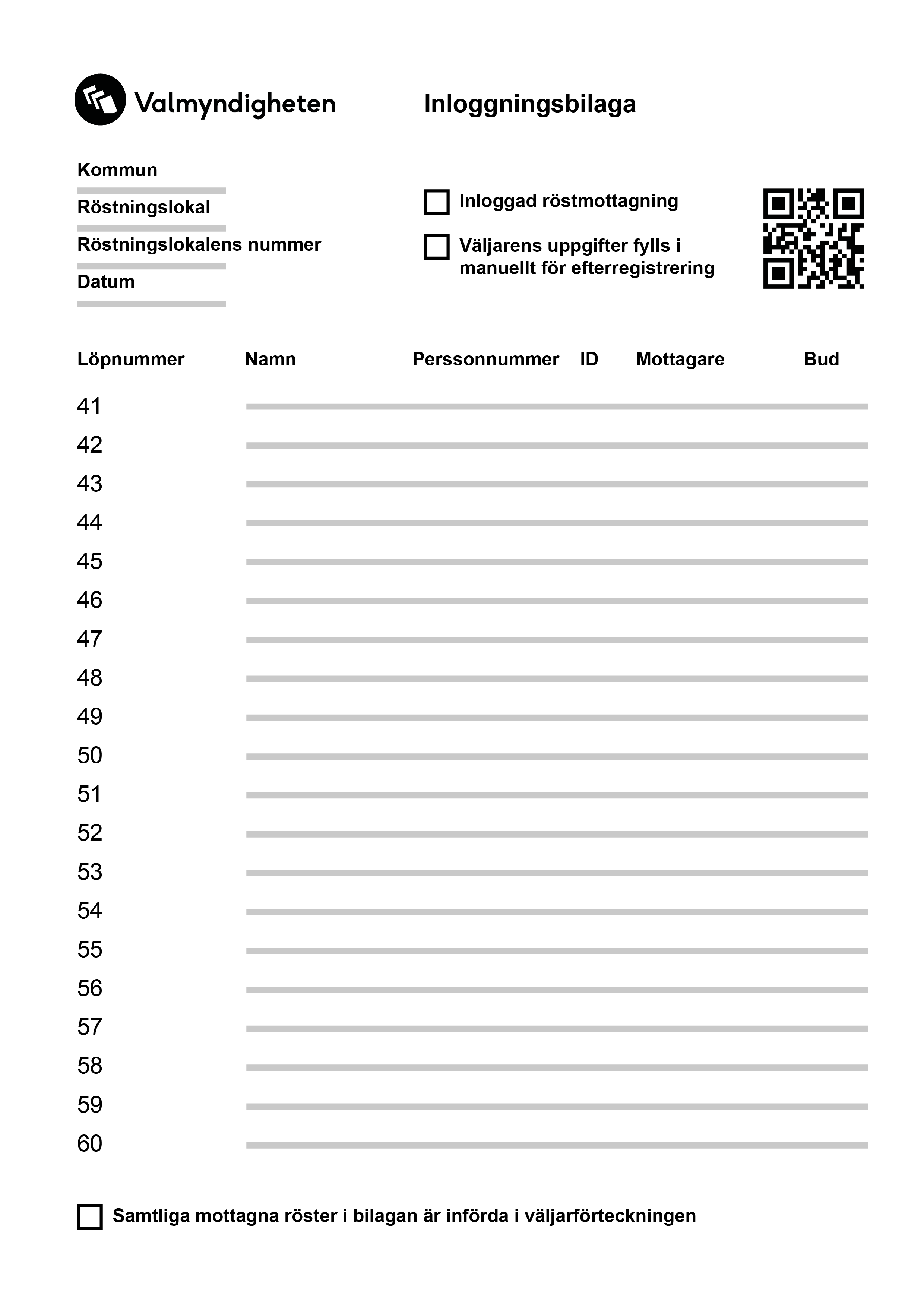 Skiss på Inloggningsbilaga till dagrapport med tryckt väljarförteckning för nedkopplad röstmottagning.