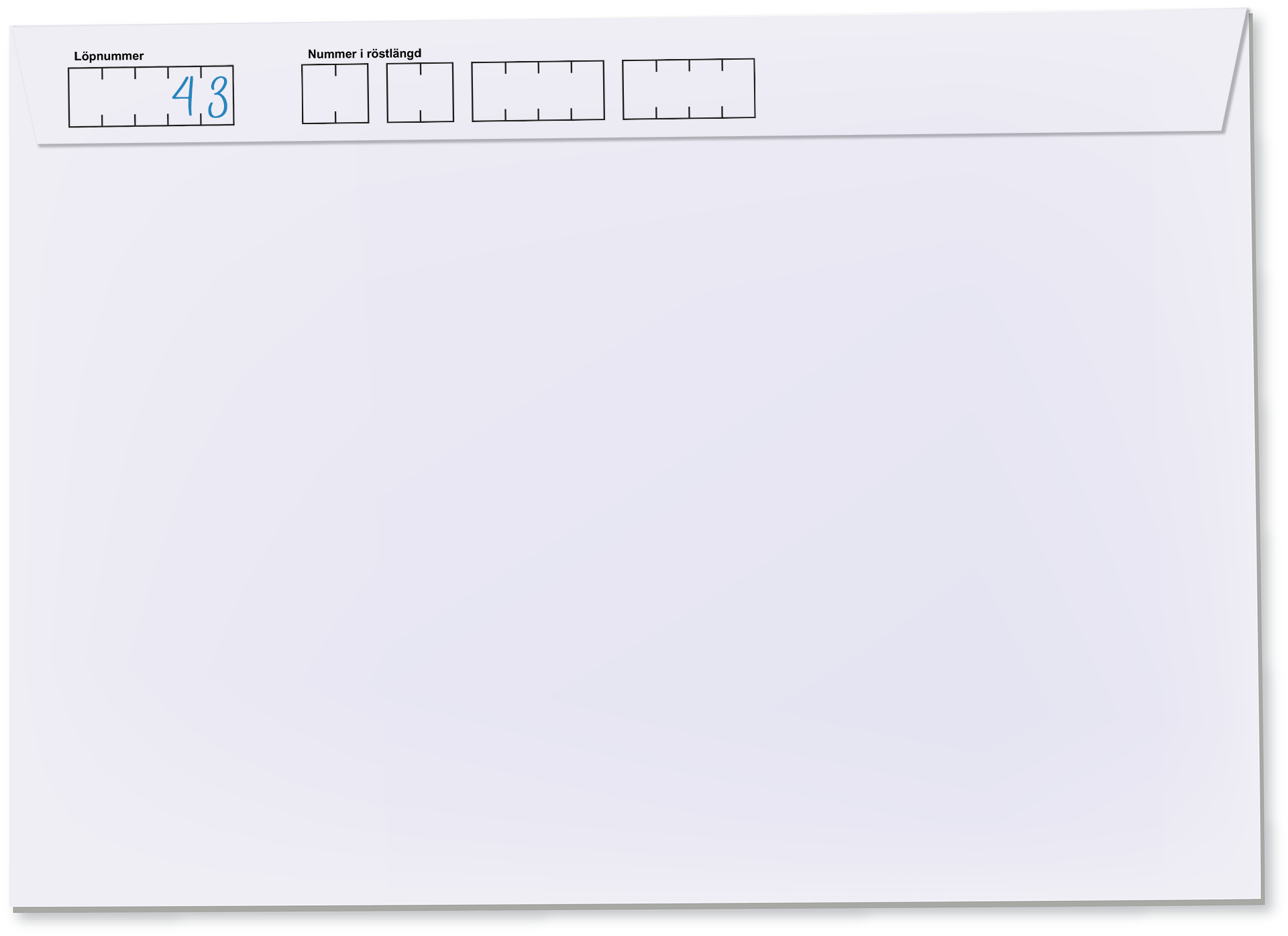 Prototypbild hur baksidan på ett fönsterkuvert kan se ut. Det finns en ruta för att skriva nummer i röstlängden i samt en ruta för löpnummer i överkant.