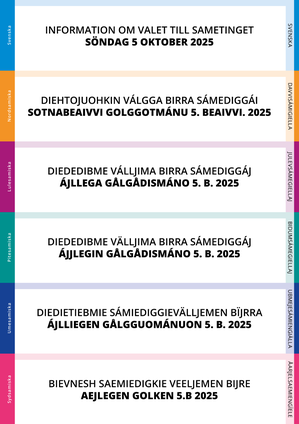 Framsida på informationsbroschyr med rubriken "Information om valet till Sametinget söndag 5 oktober 2025" på svenska och fem samiska språk.