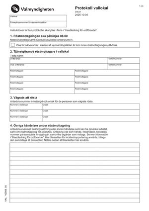 Första sidan av protokoll vallokal
