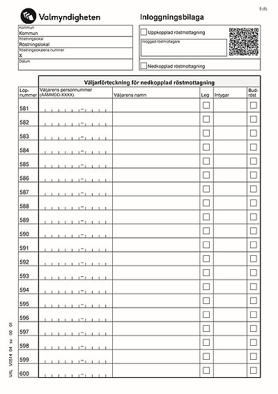 Inloggningsbilaga till dagrapport med tryckt väljarförteckning för nedkopplad röstmottagning.