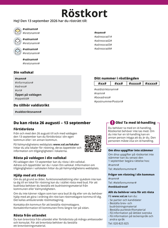 Röstkort på papper i val 2026. Se beskrivning av röstkortets innehåll under rubriken "Röstkort för väljare i Sverige" ovan.