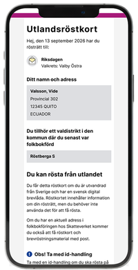 Ett digitalt utlandsröstkort. Se beskrvning av innehållet under rubriken "Utlandsröstkort".