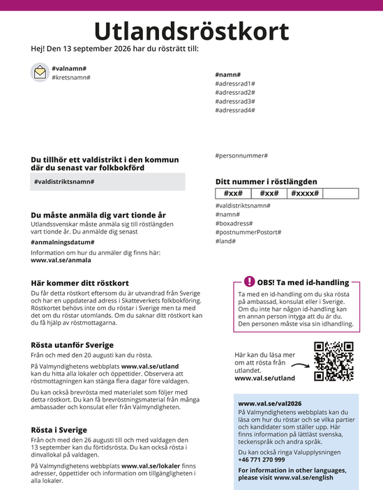 Framsidan av ett utlandsröstkort på papper. Se beskrvning av innehållet under rubriken "Utlandsröstkort".