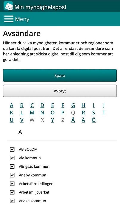 En skrämdump från den digitala brevlådan Min myndighetspost. Bilden visar en lista på alla aktiva avsändare. Det går att kryssa ur de avändare man ej vill få post ifrån och trycka "Spara"