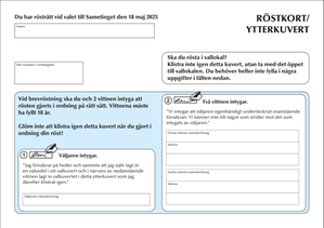 Kuvertet har ifyllnadsbara fält för namn på väljaren, nummer i röstlängden och underskrifter från väljaren samt två vittnen.