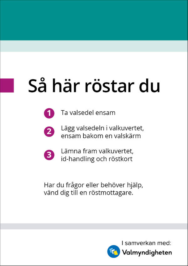 Affisch i A3-format med färdigt budskap för lokal för förtidsröstning. "Så här röstar du: 1 – ta valsedel ensam. 2 – Lägg valsedeln i valkuvertet, ensam bakom en valskärm. 3 – Lämna fram valkuvertet, id-handling och röstkort.