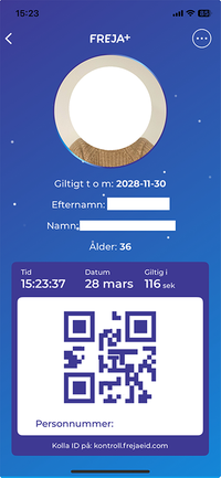 En Freja+ e-ligitimation i mobiltelefonen innehåller bild, namn, giltighetsdatum och en QR-kod som är giltig i två minuter.