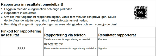 Exempelbild som visar botten av resultatbilagan. Där finns ett fält för "Telefonnummer för rapportering av resultat" med telefonnumret 077-22 32 351. Det finns också ett fält för "Reservtelefonnummer för rapportering via telefon". Detta fält är tomt.